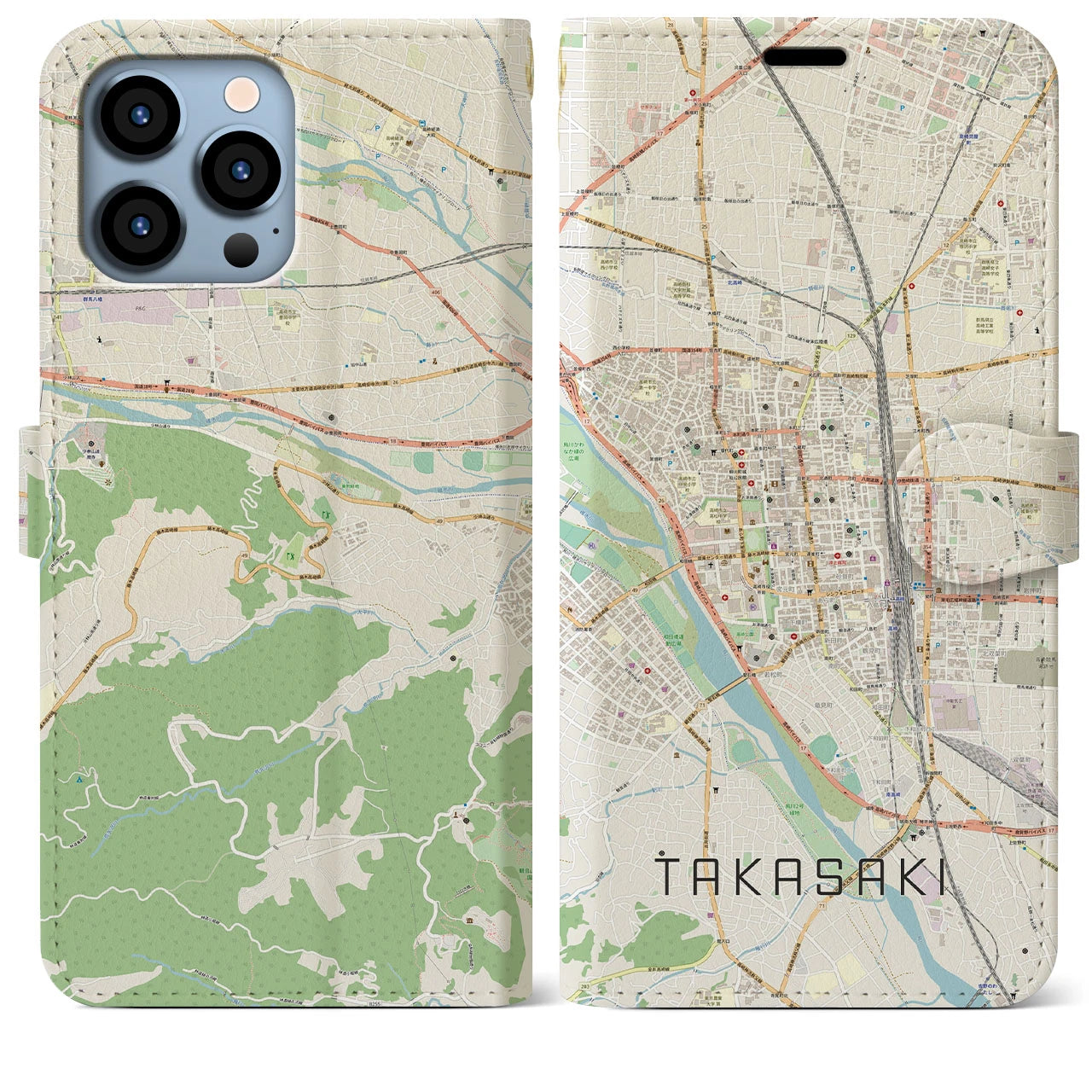 【高崎(群馬県)】地図柄iPhoneケース(手帳タイプ)ナチュラル・iPhone 13 Pro Max 用