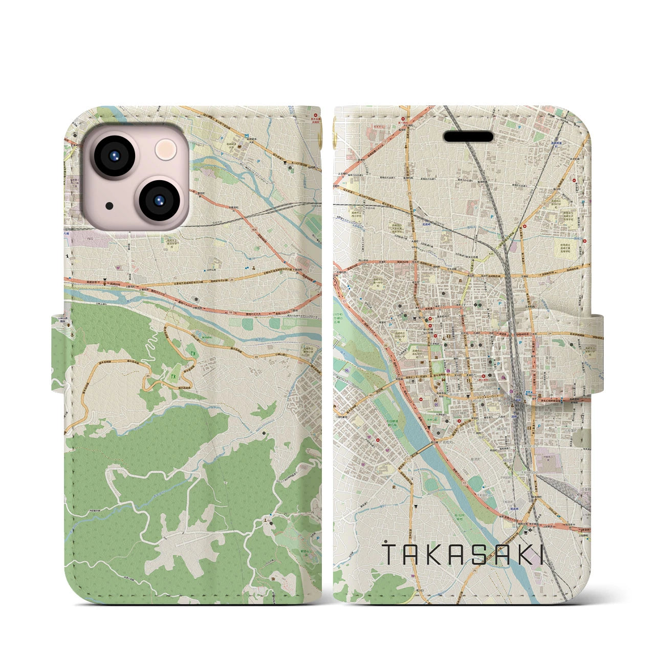 【高崎(群馬県)】地図柄iPhoneケース(手帳タイプ)ナチュラル・iPhone 13 mini 用