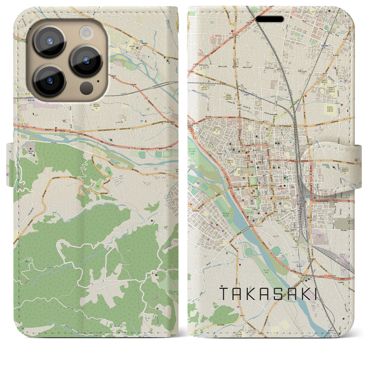 【高崎(群馬県)】地図柄iPhoneケース(手帳タイプ)ナチュラル・iPhone 14 Pro Max 用