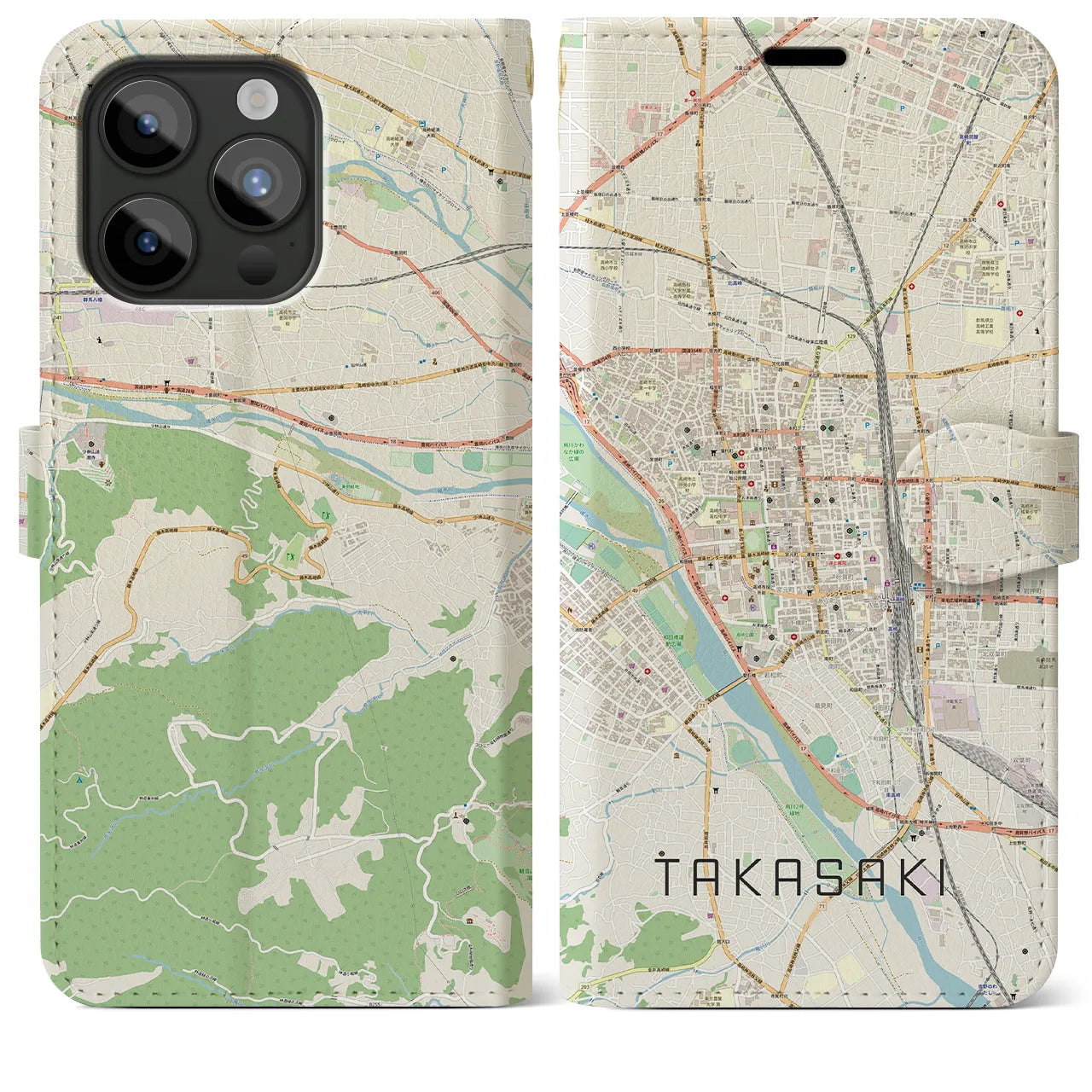 【高崎(群馬県)】地図柄iPhoneケース(手帳タイプ)ナチュラル・iPhone 15 Pro Max 用
