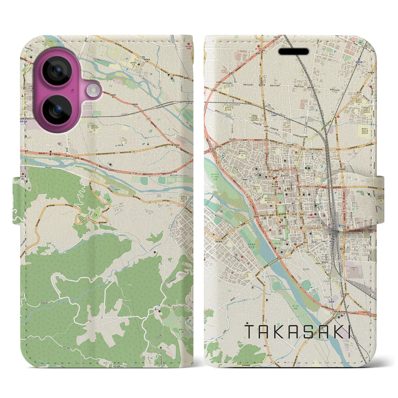 【高崎(群馬県)】地図柄iPhoneケース(手帳タイプ)ナチュラル・iPhone 16 Pro 用