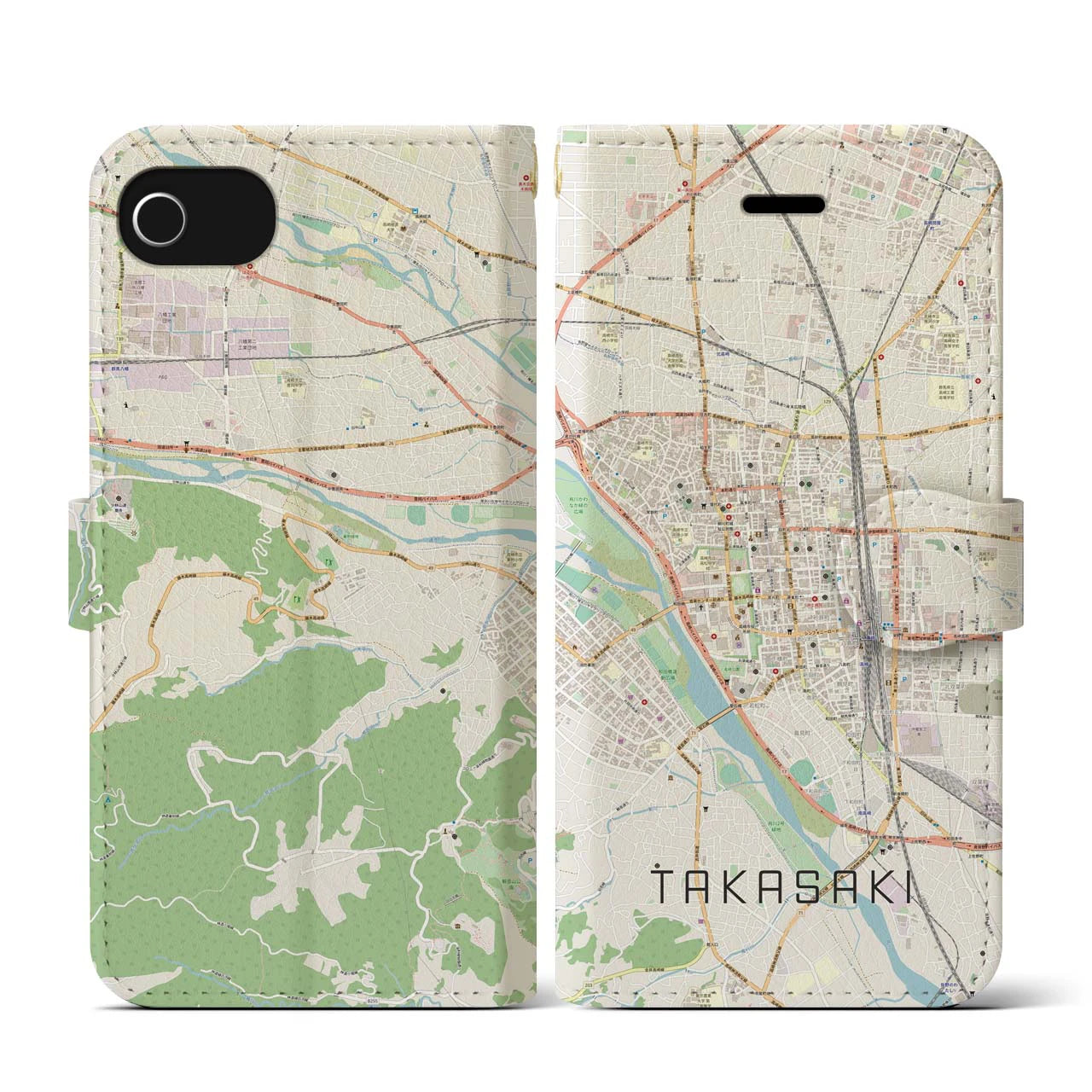 【高崎(群馬県)】地図柄iPhoneケース(手帳タイプ)ナチュラル・iPhone SE(第3 / 第2世代) / 8 / 7 / 6s / 6 用