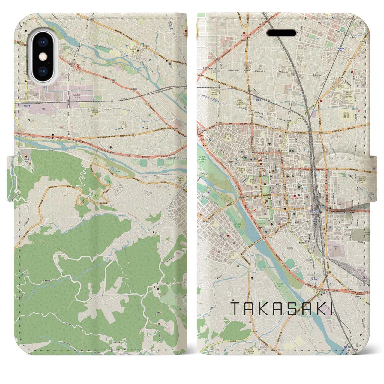 【高崎(群馬県)】地図柄iPhoneケース(手帳タイプ)ナチュラル・iPhone XS Max 用
