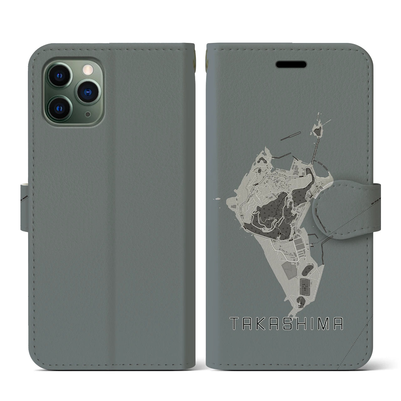 【高島(長崎県)】地図柄iPhoneケース(手帳タイプ)モノトーン・iPhone 11 Pro 用