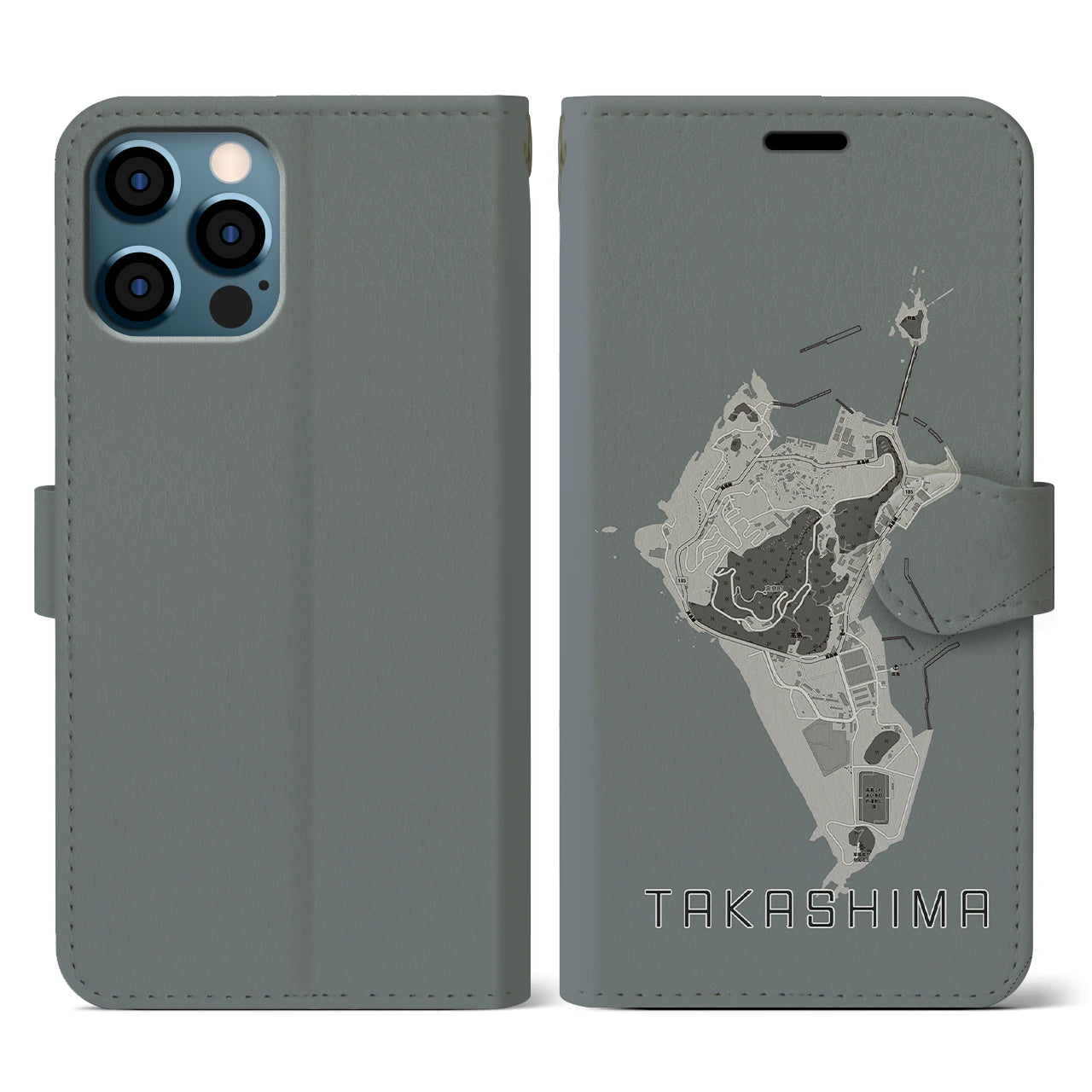 【高島(長崎県)】地図柄iPhoneケース(手帳タイプ)モノトーン・iPhone 12 / 12 Pro 用