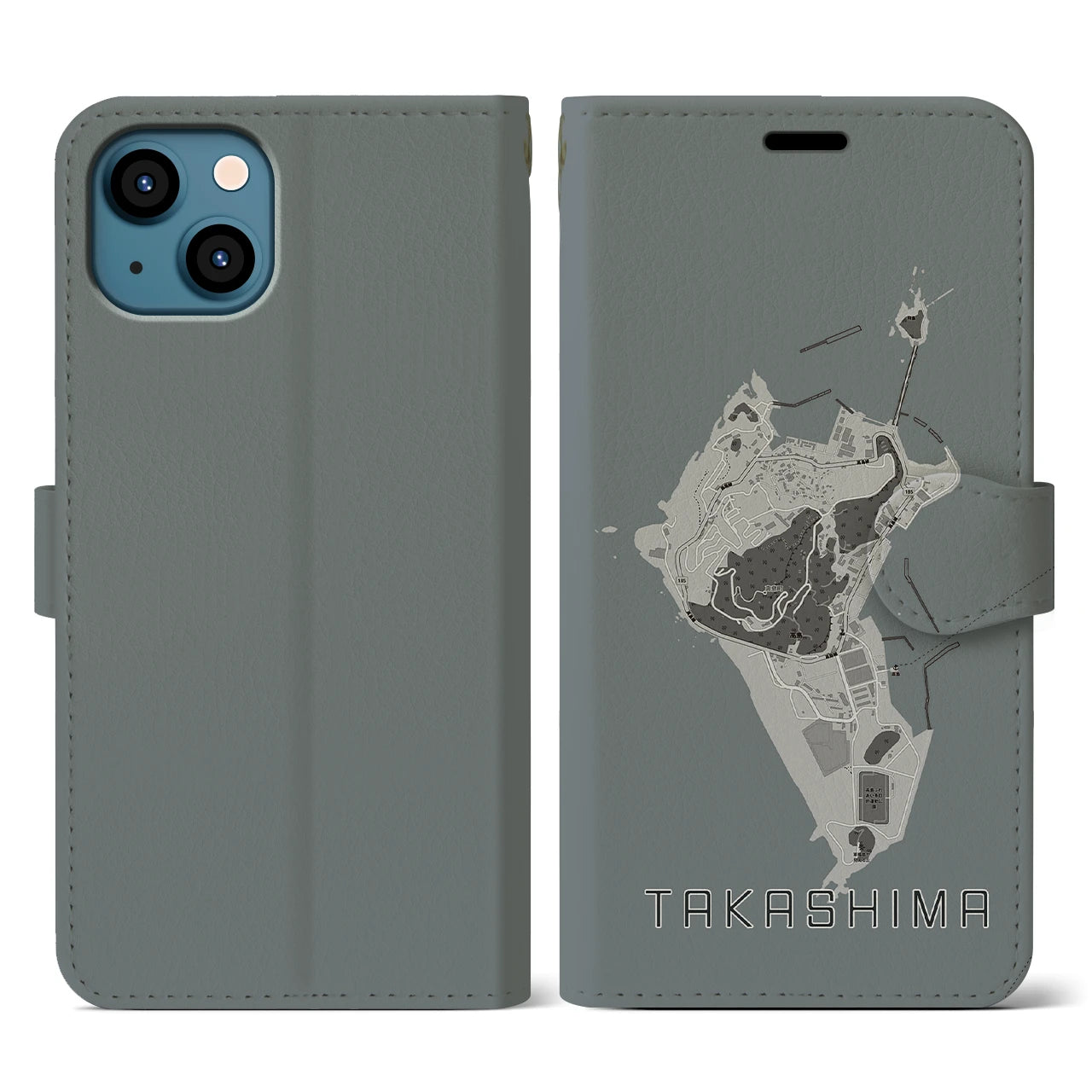 【高島(長崎県)】地図柄iPhoneケース(手帳タイプ)モノトーン・iPhone 13 用