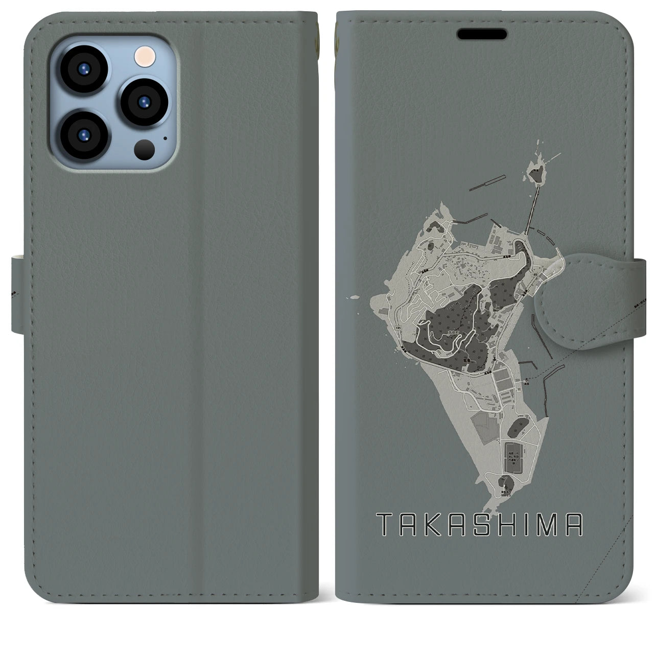 【高島(長崎県)】地図柄iPhoneケース(手帳タイプ)モノトーン・iPhone 13 Pro Max 用