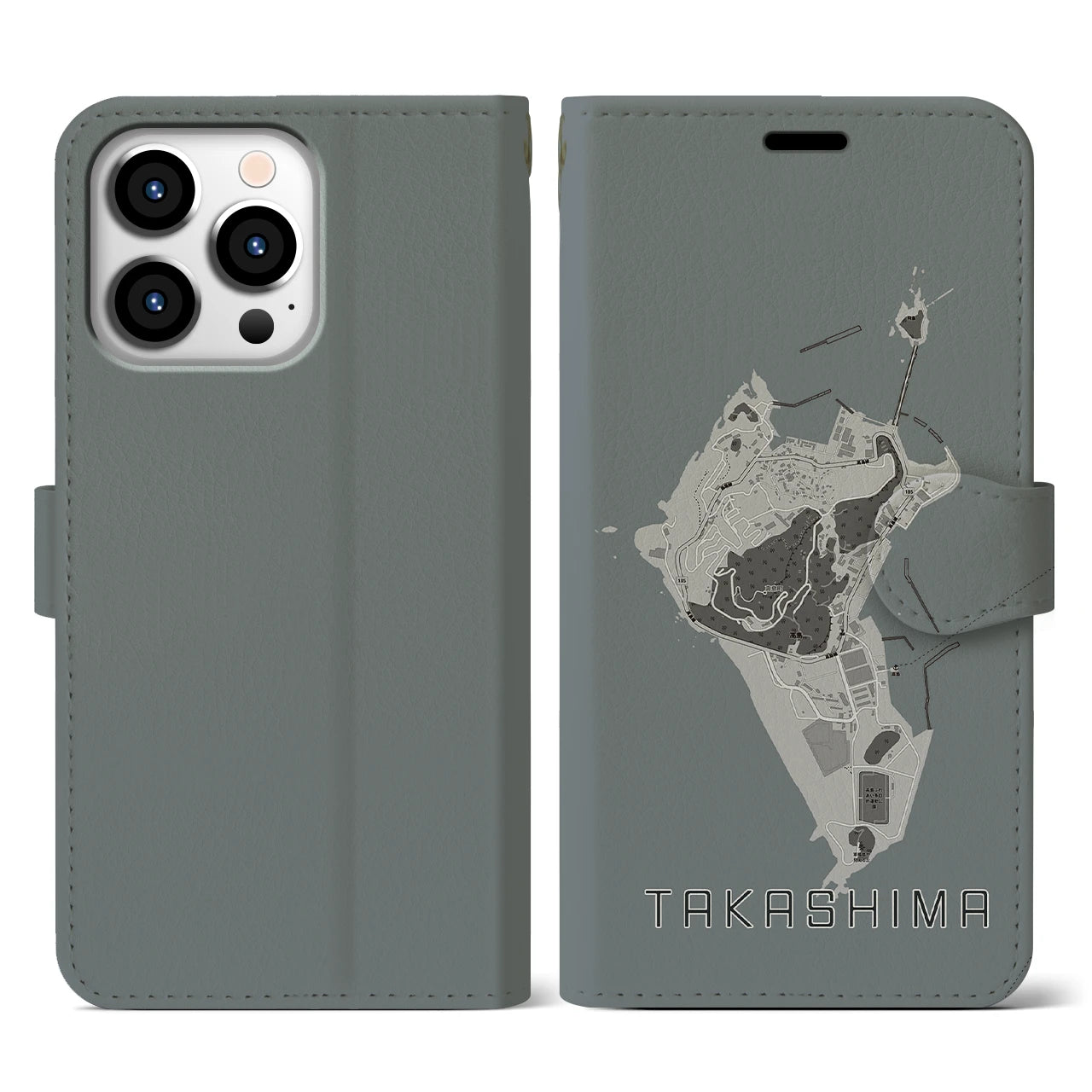【高島(長崎県)】地図柄iPhoneケース(手帳タイプ)モノトーン・iPhone 13 Pro 用