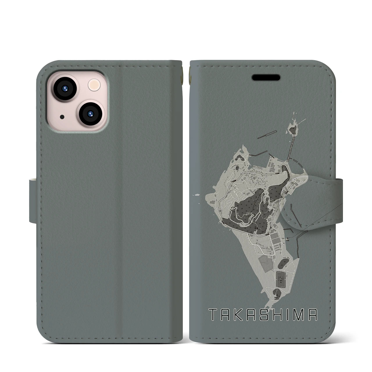 【高島(長崎県)】地図柄iPhoneケース(手帳タイプ)モノトーン・iPhone 13 mini 用
