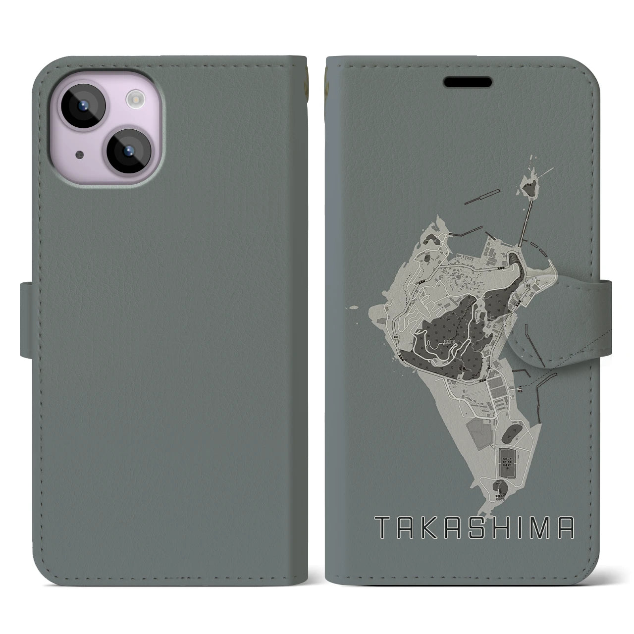 【高島(長崎県)】地図柄iPhoneケース(手帳タイプ)モノトーン・iPhone 14 用