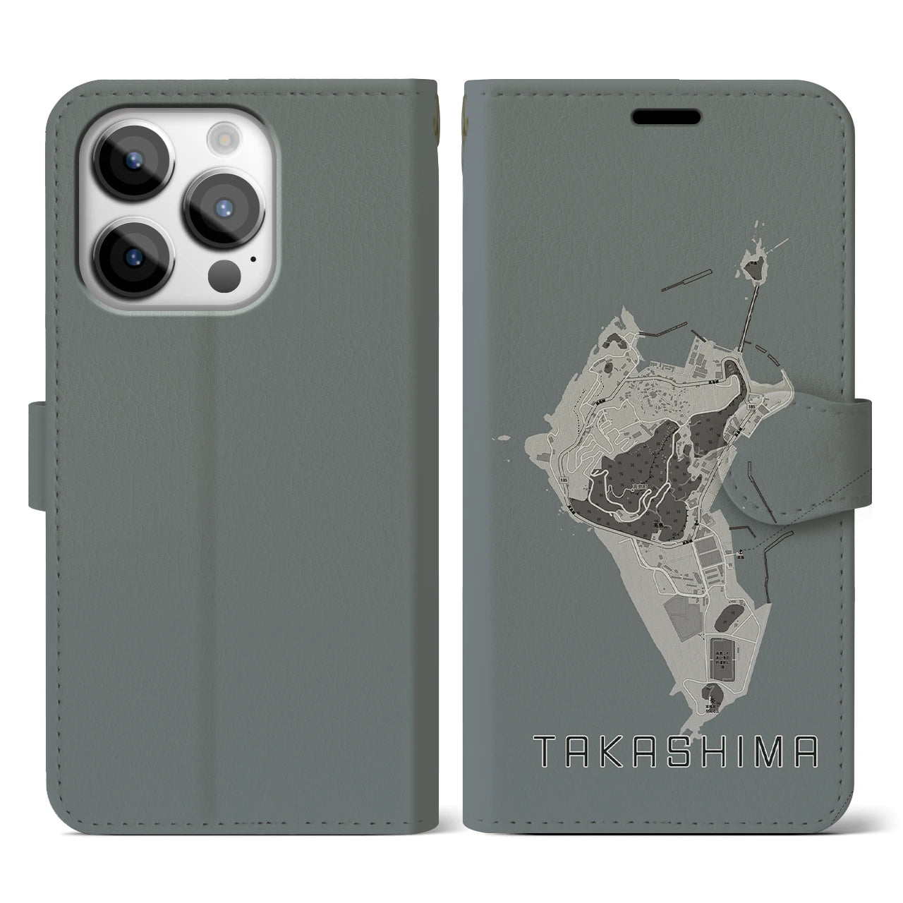 【高島(長崎県)】地図柄iPhoneケース(手帳タイプ)モノトーン・iPhone 14 Pro 用