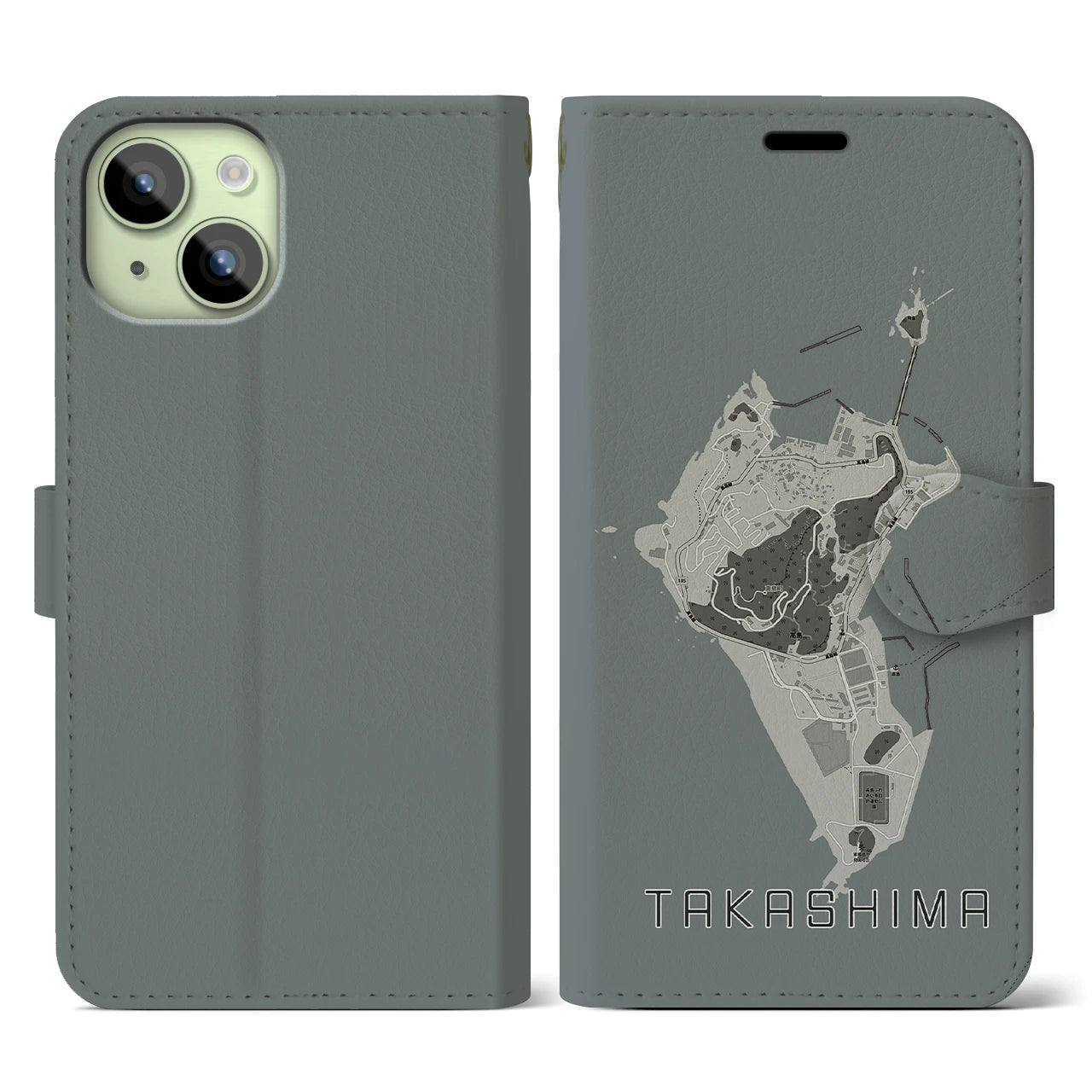 【高島(長崎県)】地図柄iPhoneケース(手帳タイプ)モノトーン・iPhone 15 用