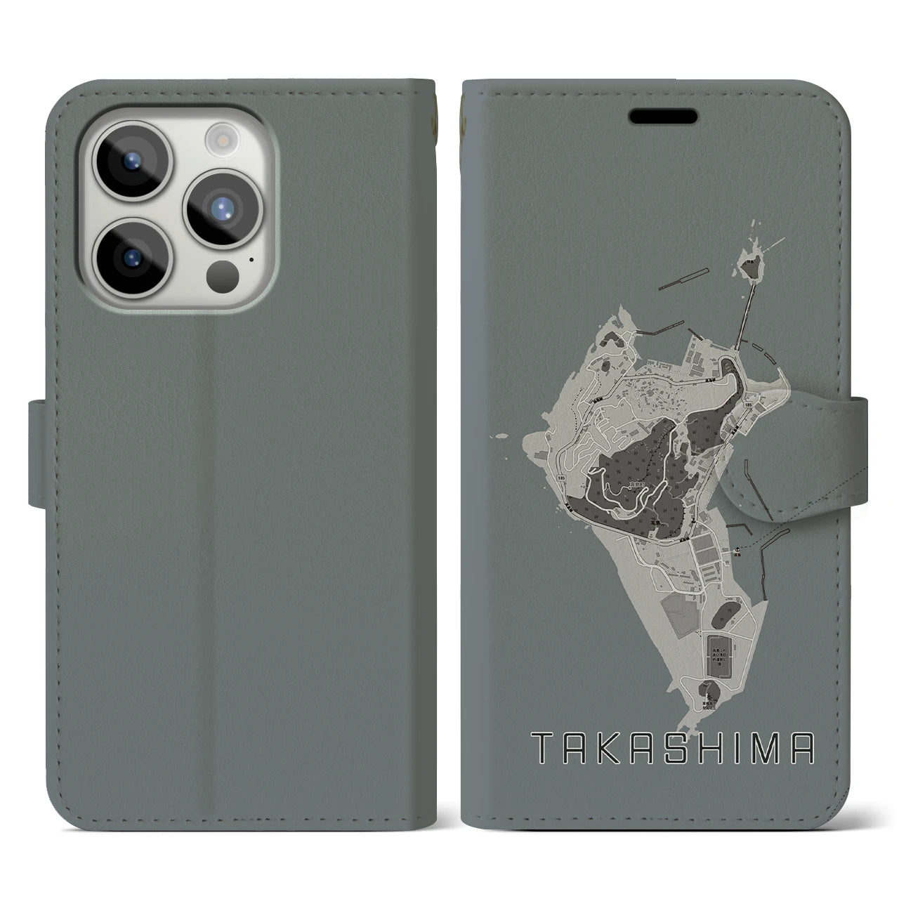 【高島(長崎県)】地図柄iPhoneケース(手帳タイプ)モノトーン・iPhone 15 Pro 用