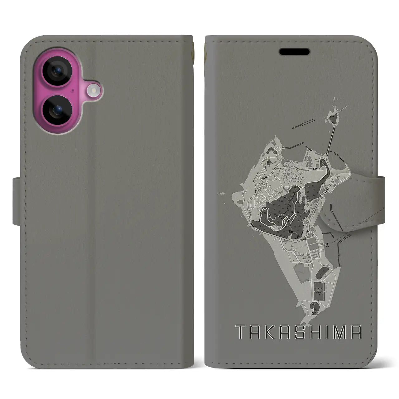 【高島(長崎県)】地図柄iPhoneケース(手帳タイプ)モノトーン・iPhone 16 Pro 用
