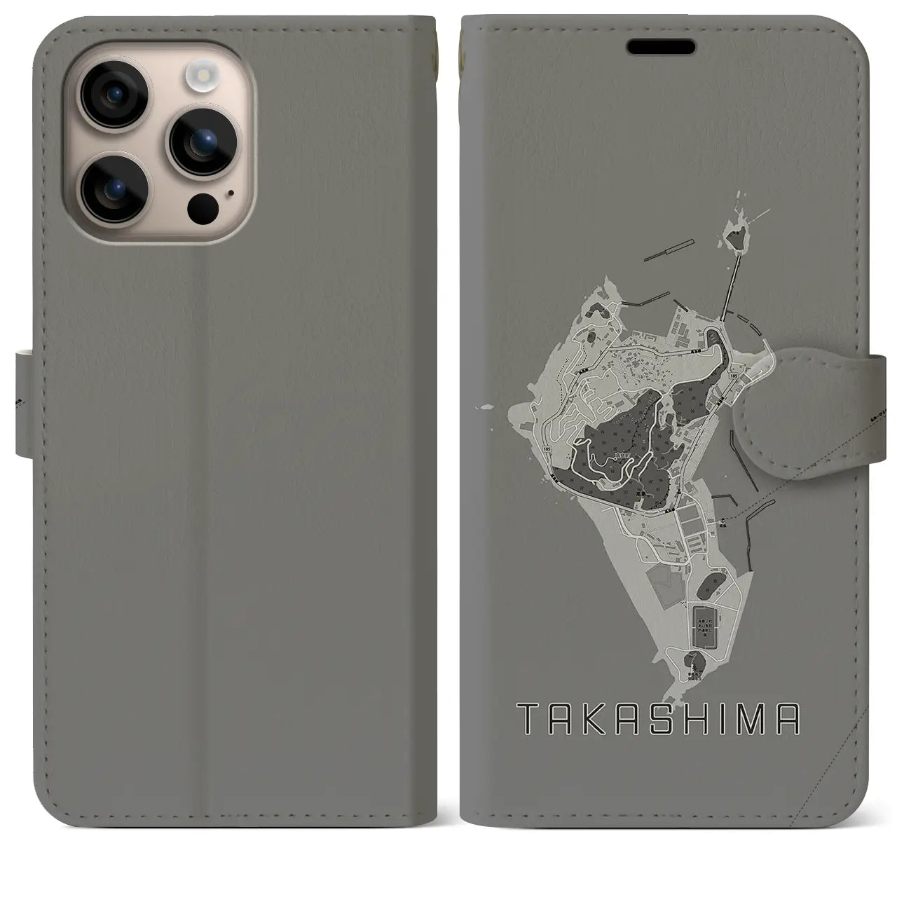 【高島(長崎県)】地図柄iPhoneケース(手帳タイプ)モノトーン・iPhone 16 Plus 用