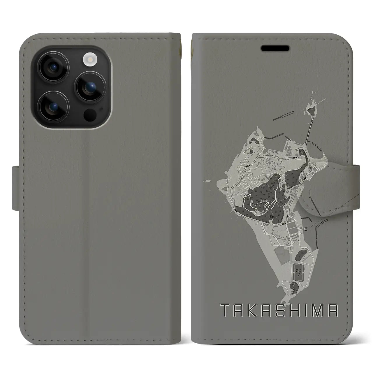 【高島(長崎県)】地図柄iPhoneケース(手帳タイプ)モノトーン・iPhone 16 用