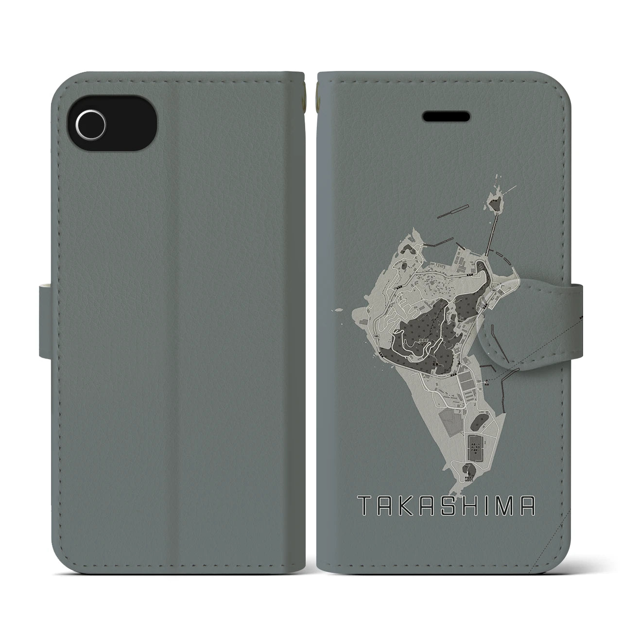 【高島(長崎県)】地図柄iPhoneケース(手帳タイプ)モノトーン・iPhone SE(第3 / 第2世代) / 8 / 7 / 6s / 6 用