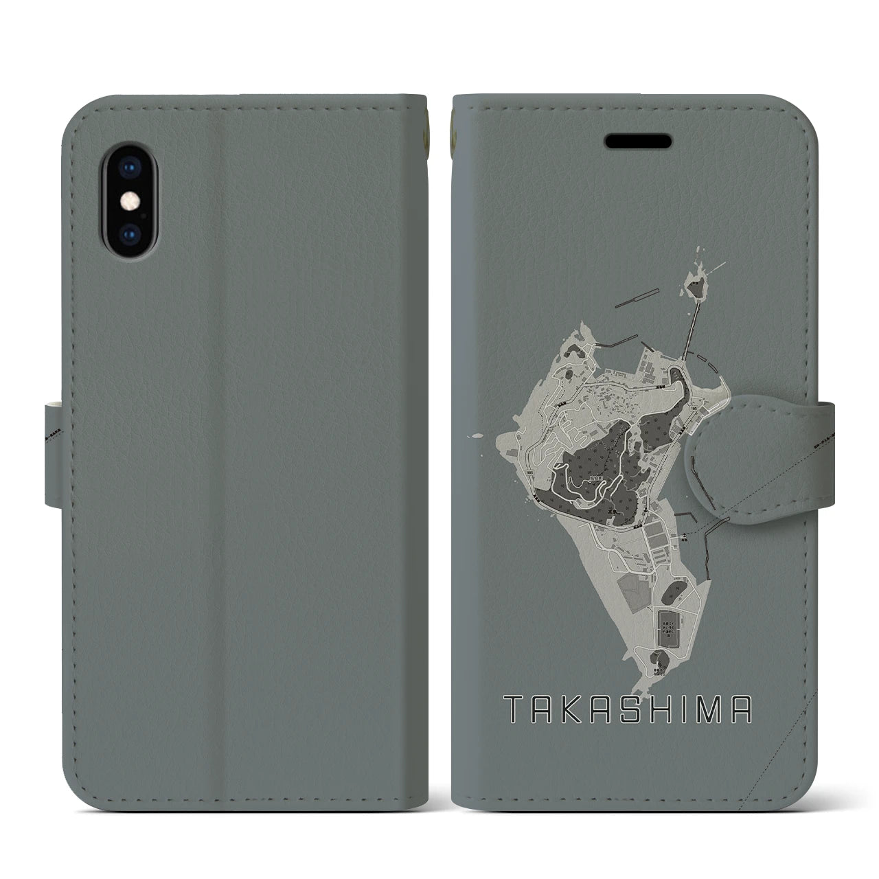 【高島(長崎県)】地図柄iPhoneケース(手帳タイプ)モノトーン・iPhone XS / X 用