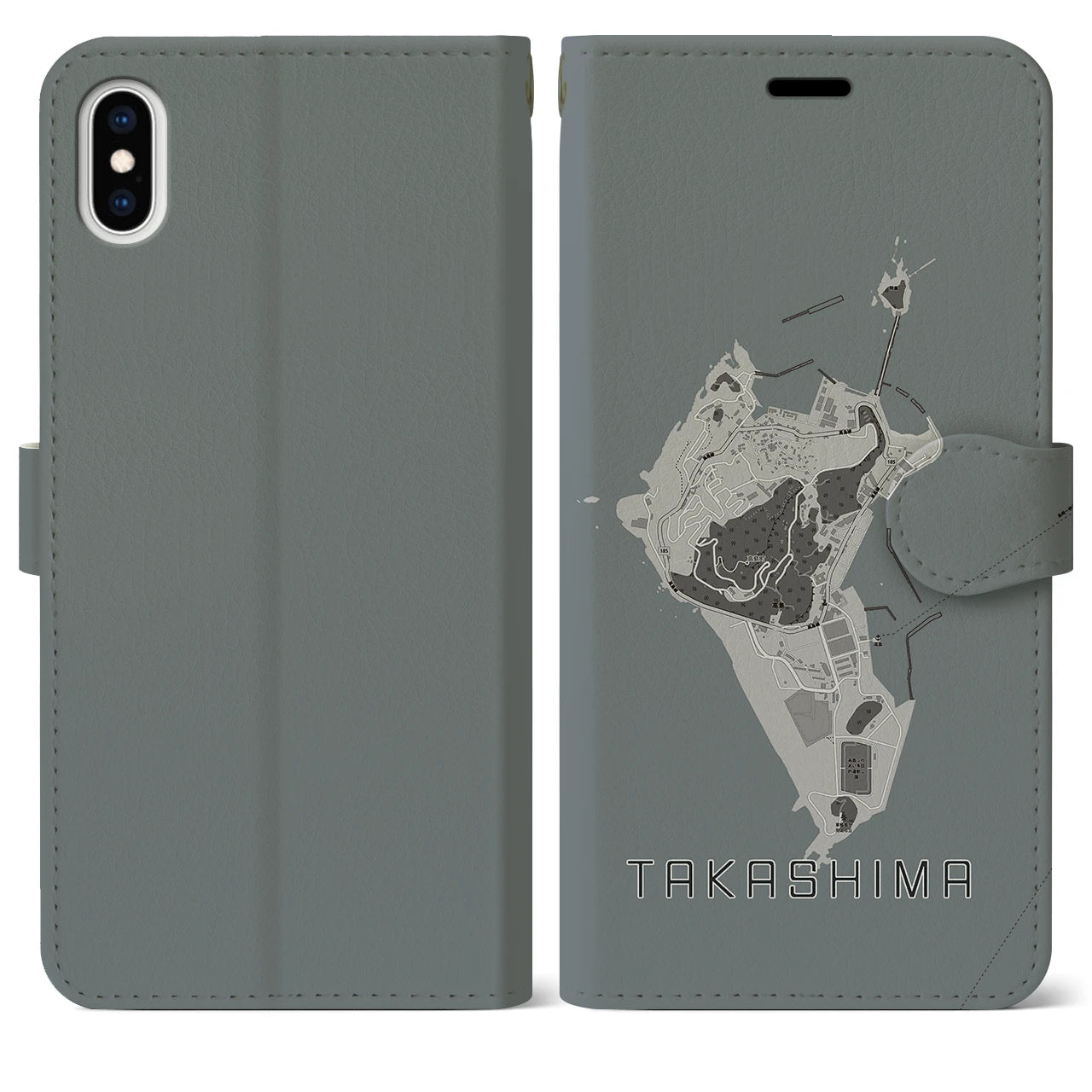 【高島(長崎県)】地図柄iPhoneケース(手帳タイプ)モノトーン・iPhone XS Max 用