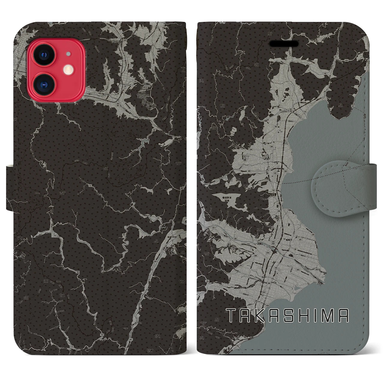 【高島(滋賀県)】地図柄iPhoneケース(手帳タイプ)モノトーン・iPhone 11 用