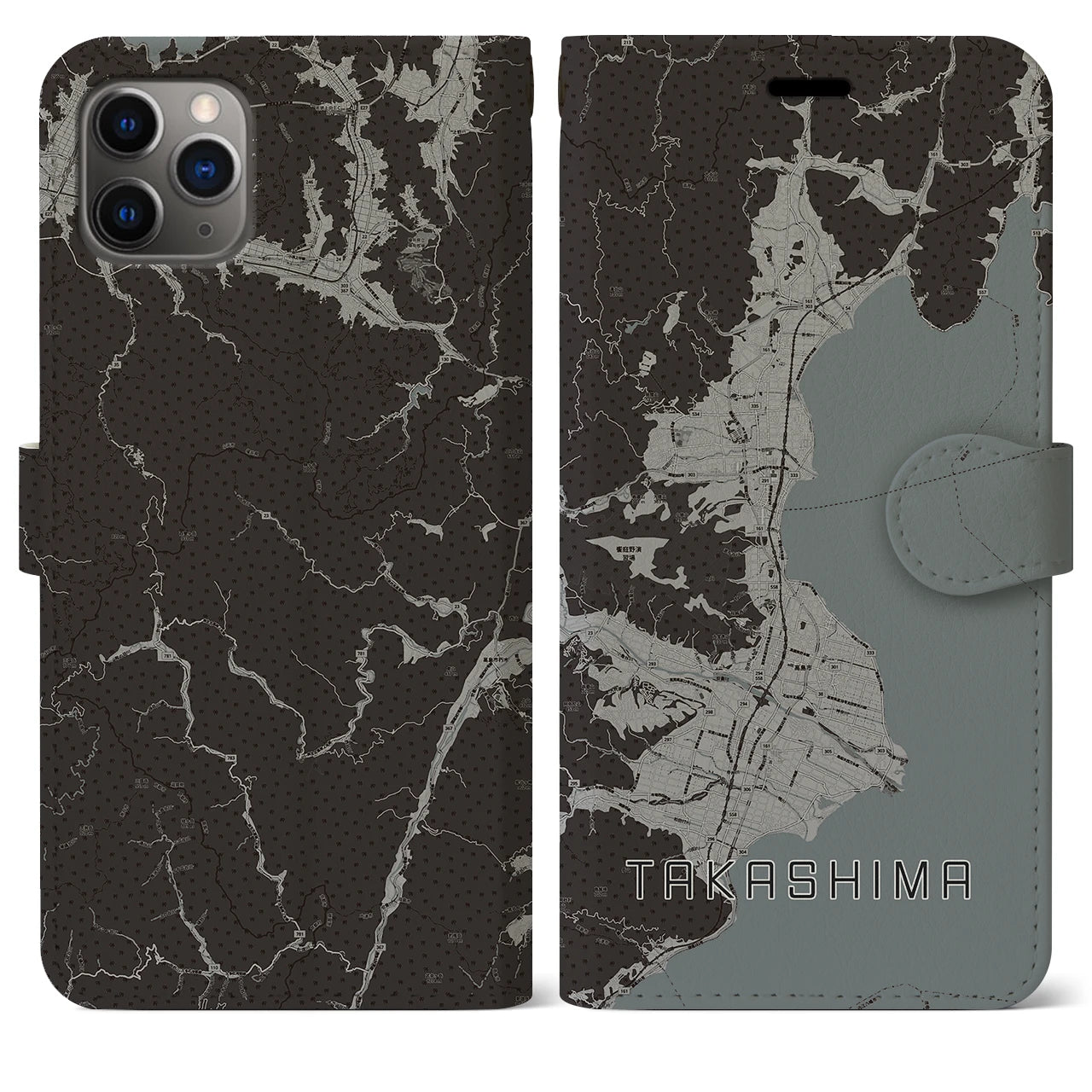 【高島(滋賀県)】地図柄iPhoneケース(手帳タイプ)モノトーン・iPhone 11 Pro Max 用