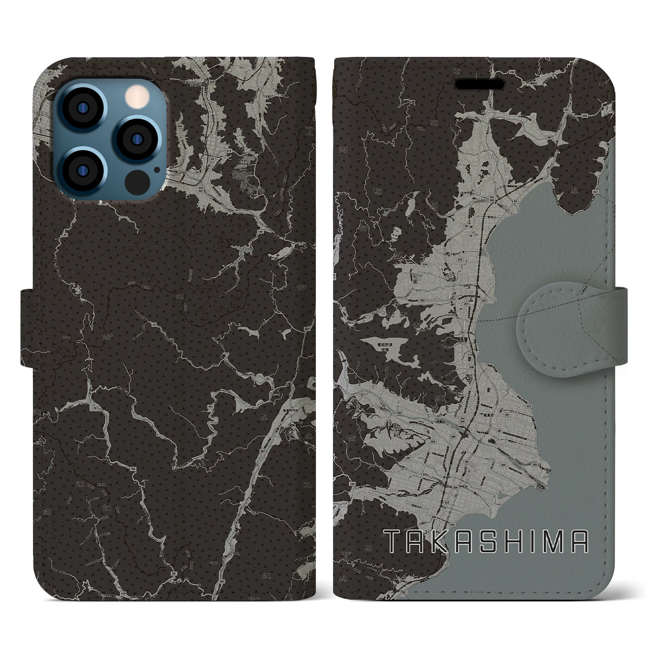 【高島(滋賀県)】地図柄iPhoneケース(手帳タイプ)モノトーン・iPhone 12 / 12 Pro 用