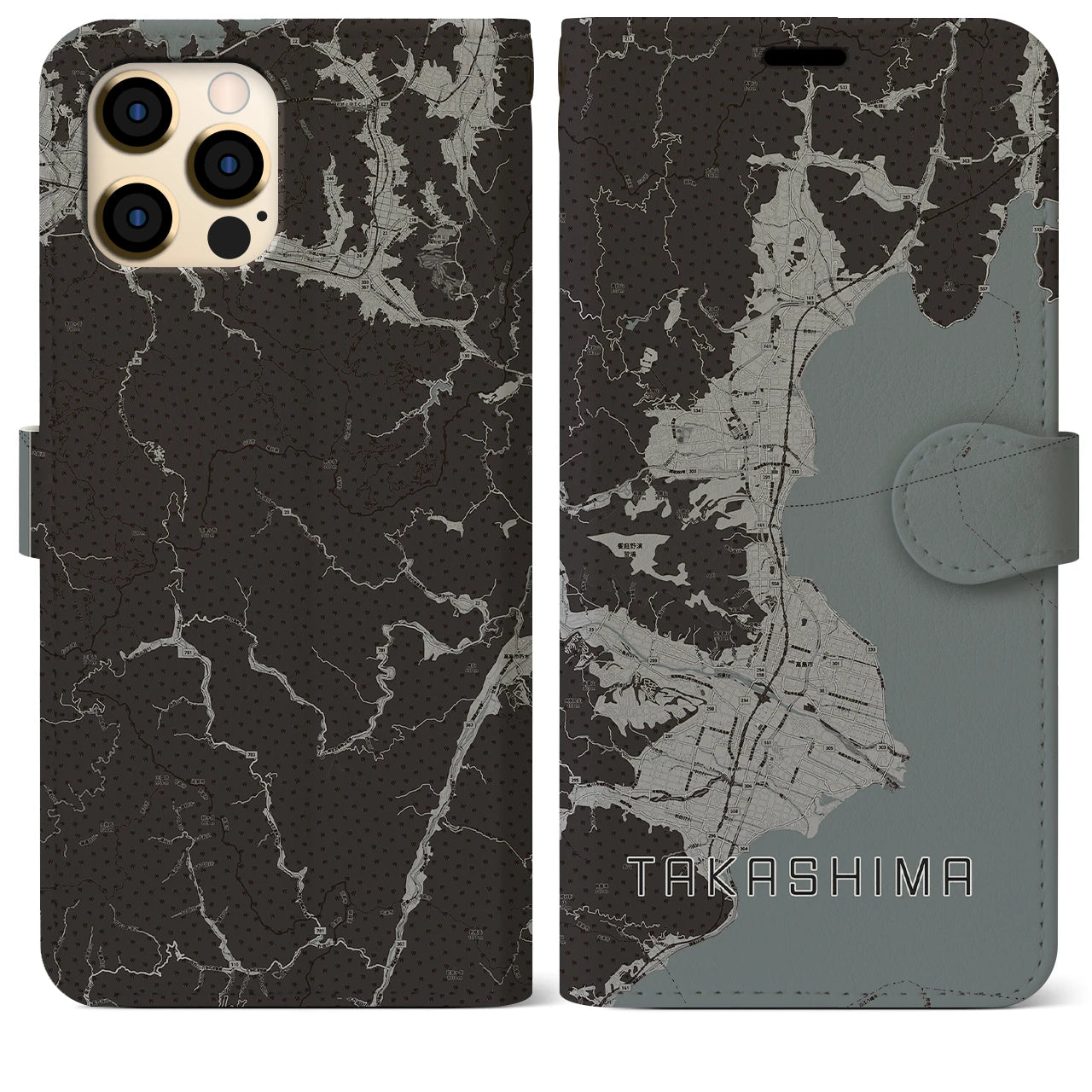 【高島(滋賀県)】地図柄iPhoneケース(手帳タイプ)モノトーン・iPhone 12 Pro Max 用