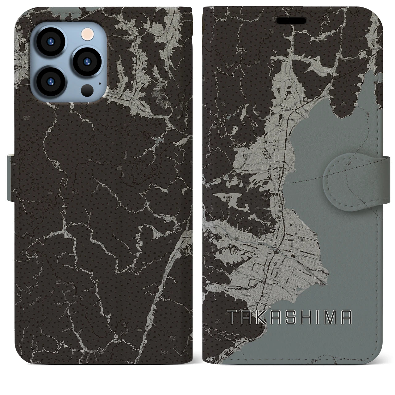 【高島(滋賀県)】地図柄iPhoneケース(手帳タイプ)モノトーン・iPhone 13 Pro Max 用