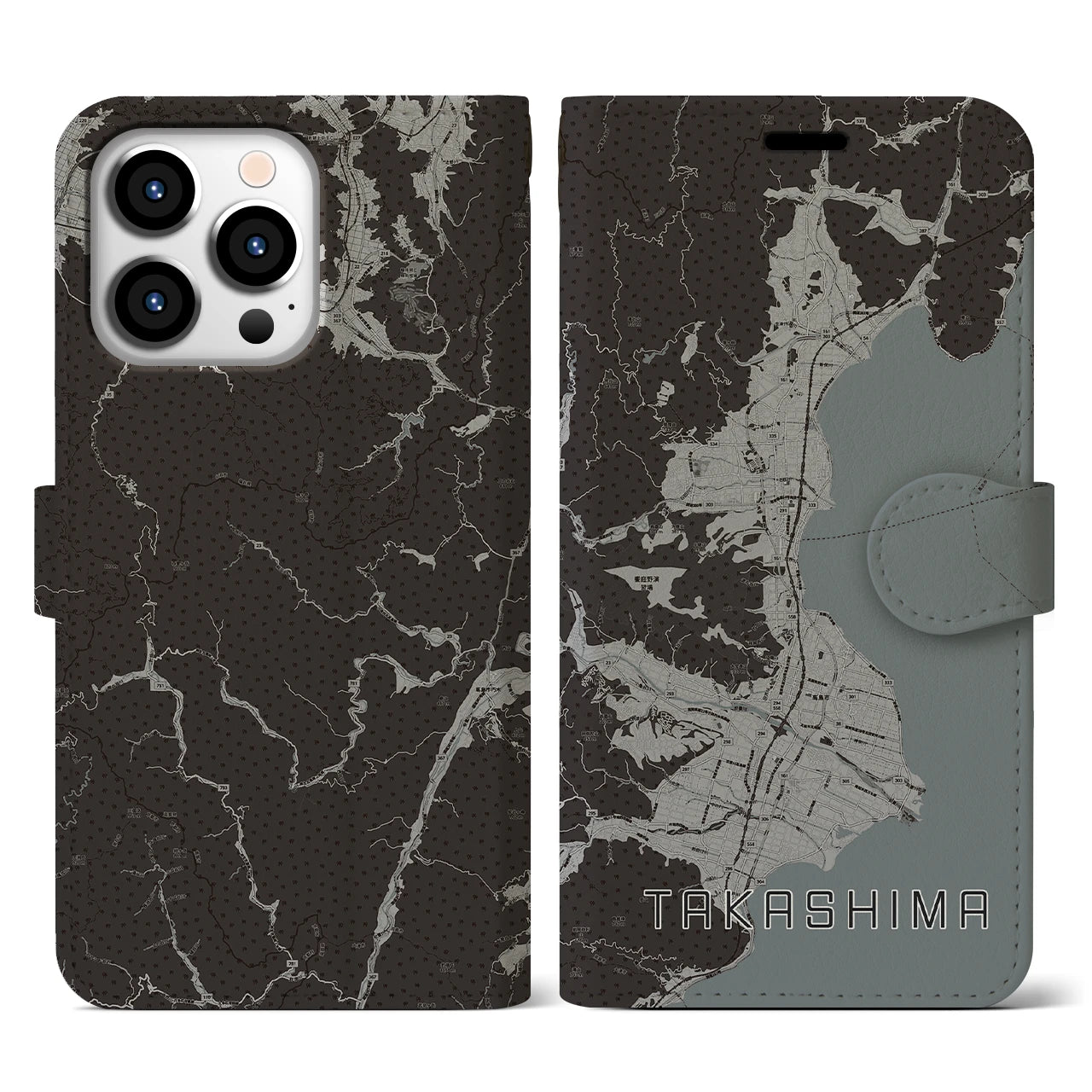 【高島(滋賀県)】地図柄iPhoneケース(手帳タイプ)モノトーン・iPhone 13 Pro 用