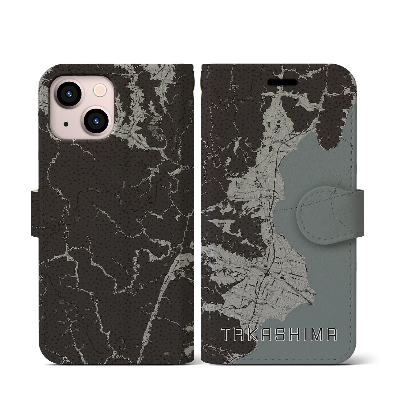 【高島(滋賀県)】地図柄iPhoneケース(手帳タイプ)モノトーン・iPhone 13 mini 用