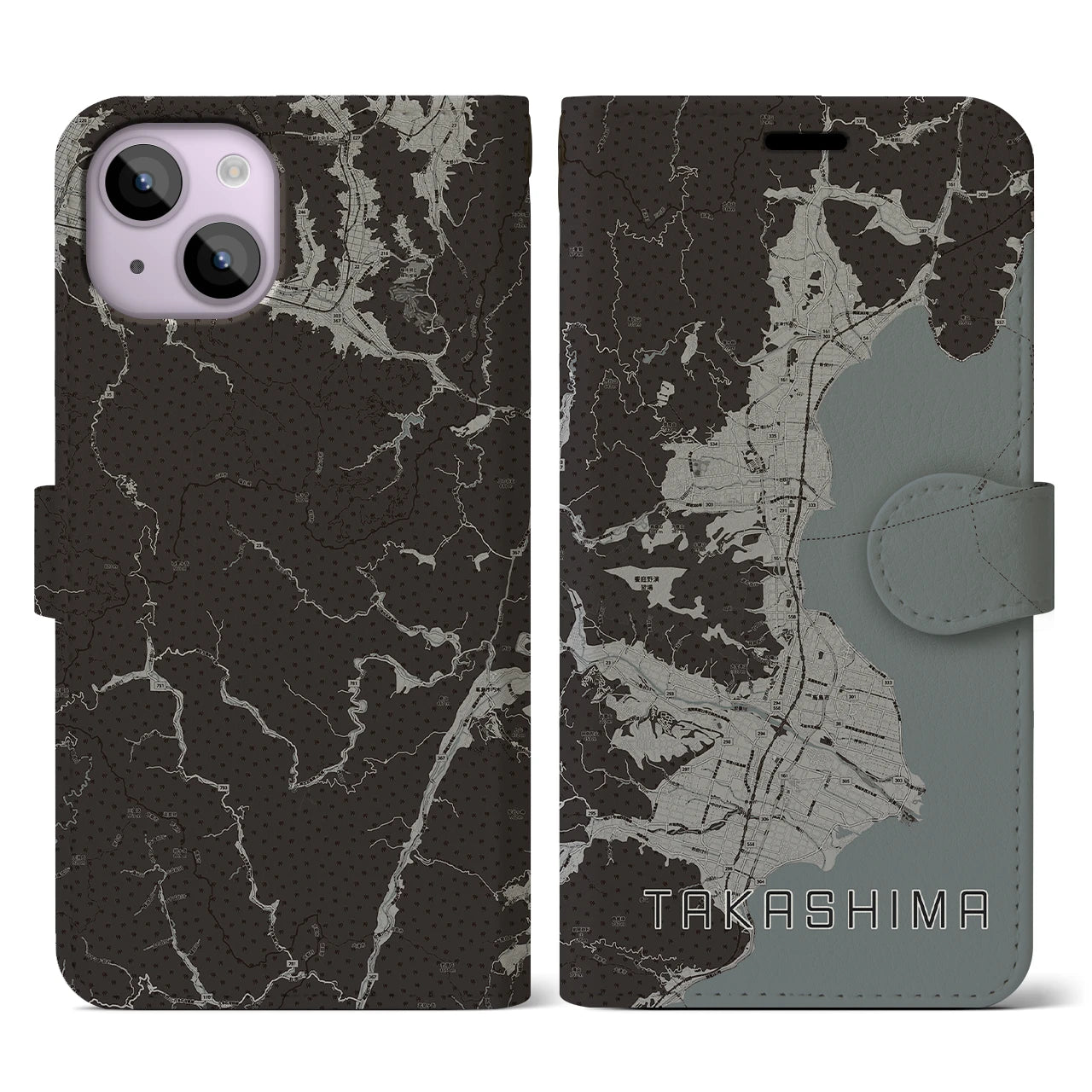 【高島(滋賀県)】地図柄iPhoneケース(手帳タイプ)モノトーン・iPhone 14 用