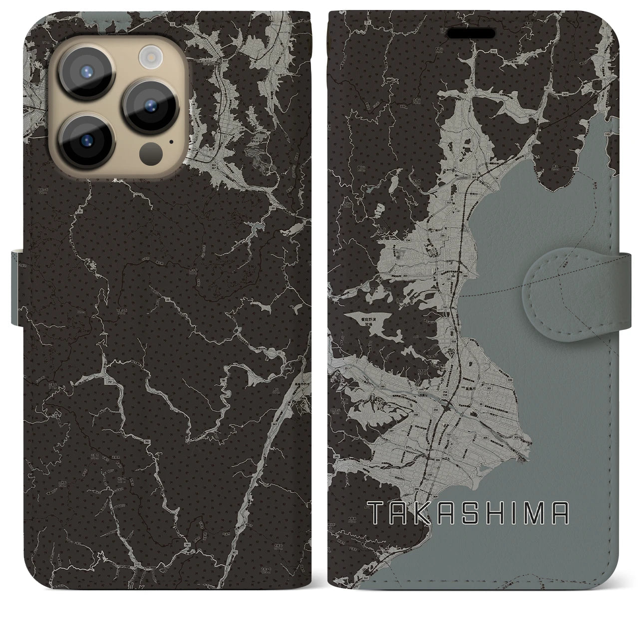 【高島(滋賀県)】地図柄iPhoneケース(手帳タイプ)モノトーン・iPhone 14 Pro Max 用