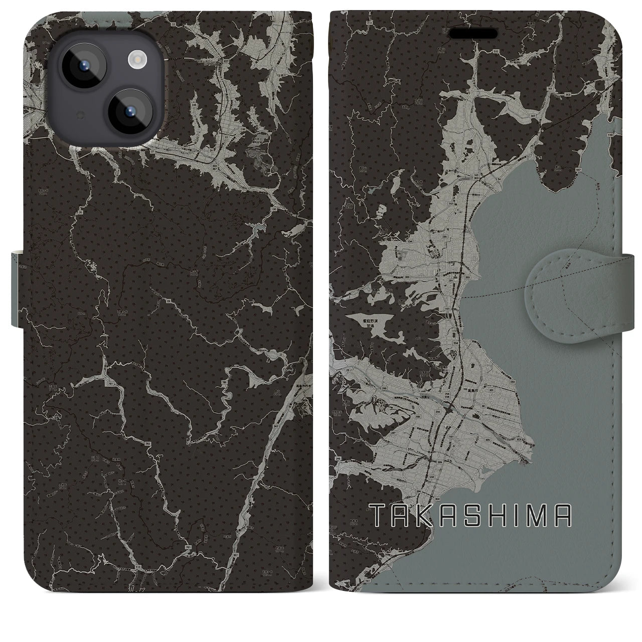 【高島(滋賀県)】地図柄iPhoneケース(手帳タイプ)モノトーン・iPhone 14 Plus 用