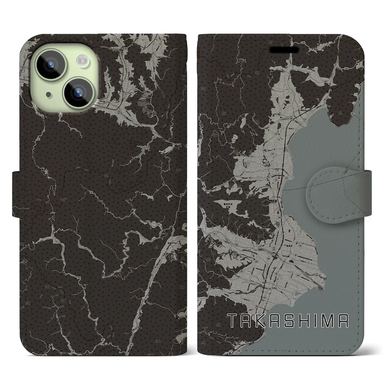 【高島(滋賀県)】地図柄iPhoneケース(手帳タイプ)モノトーン・iPhone 15 用