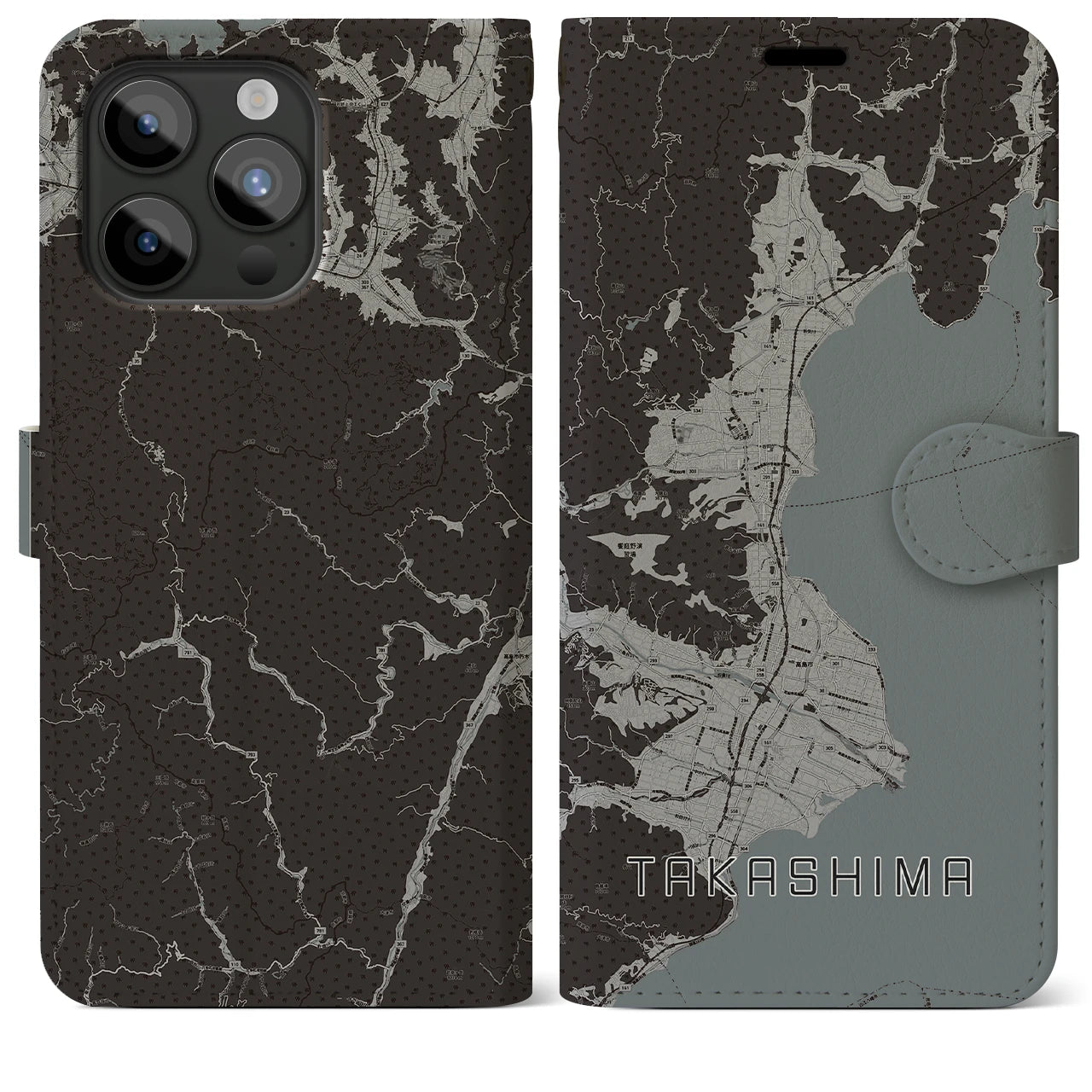 【高島(滋賀県)】地図柄iPhoneケース(手帳タイプ)モノトーン・iPhone 15 Pro Max 用