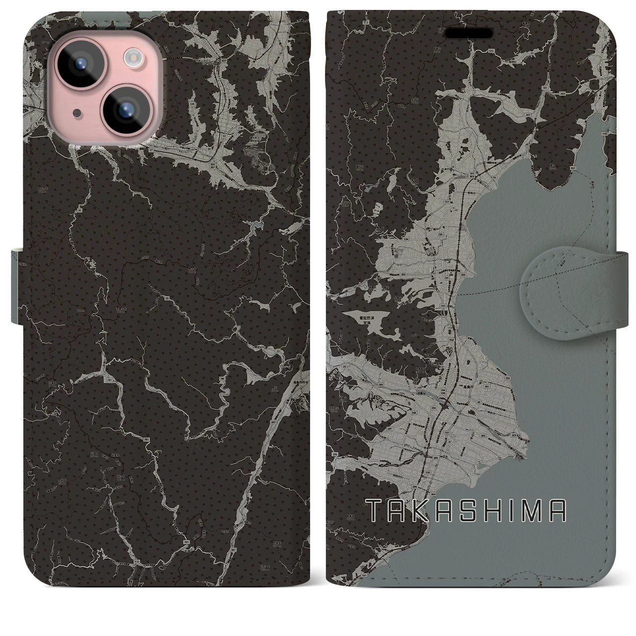 【高島(滋賀県)】地図柄iPhoneケース(手帳タイプ)モノトーン・iPhone 15 Plus 用