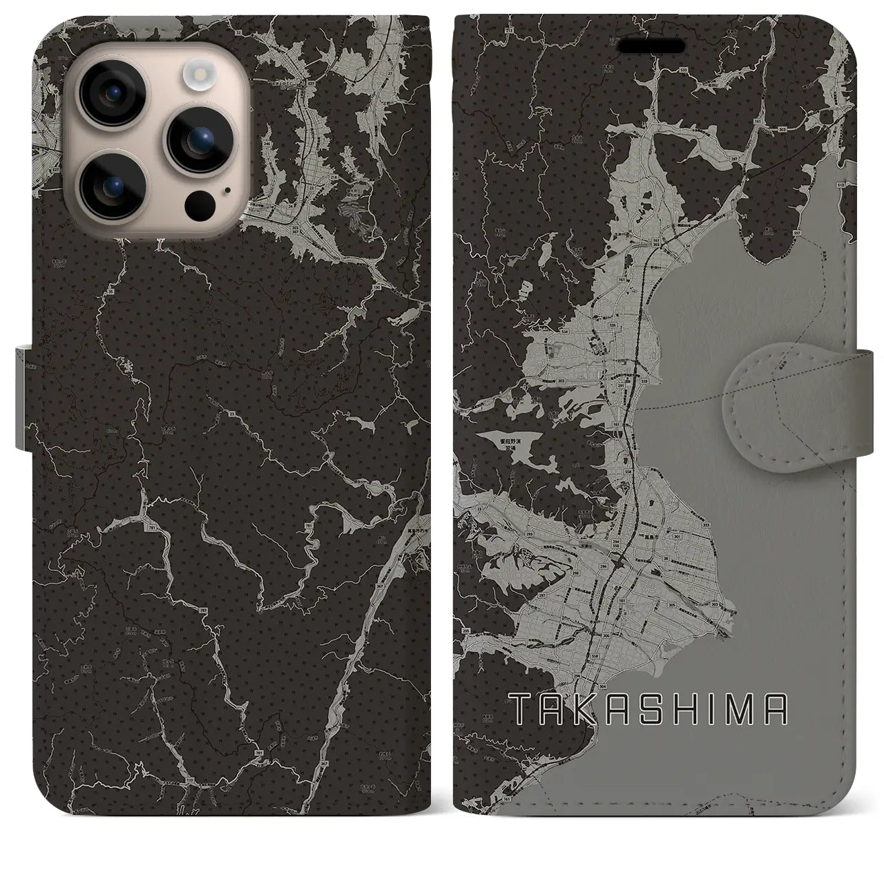 【高島(滋賀県)】地図柄iPhoneケース(手帳タイプ)モノトーン・iPhone 16 Plus 用