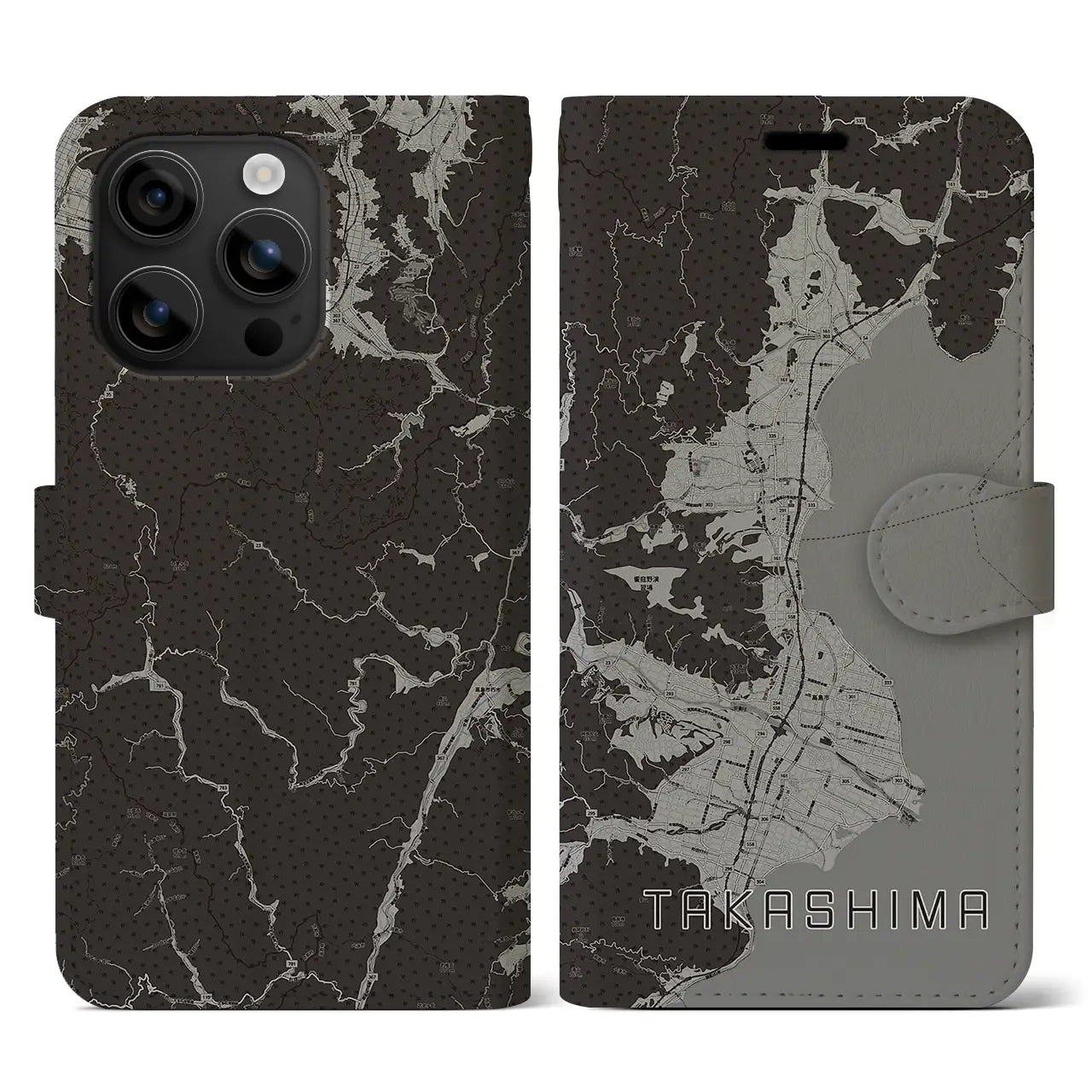 【高島(滋賀県)】地図柄iPhoneケース(手帳タイプ)モノトーン・iPhone 16 用