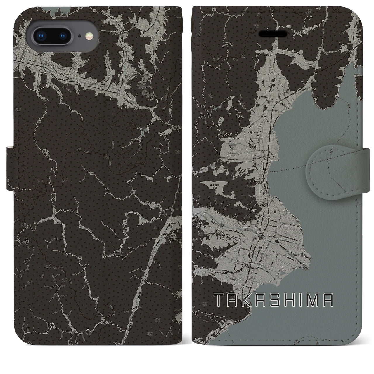 【高島(滋賀県)】地図柄iPhoneケース(手帳タイプ)モノトーン・iPhone 8Plus /7Plus / 6sPlus / 6Plus 用