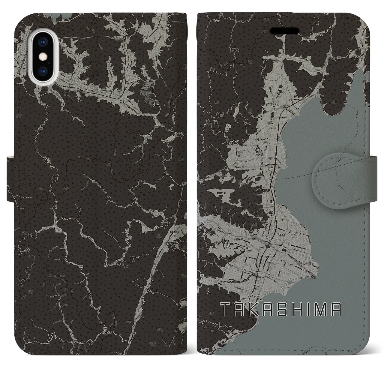【高島(滋賀県)】地図柄iPhoneケース(手帳タイプ)モノトーン・iPhone XS Max 用