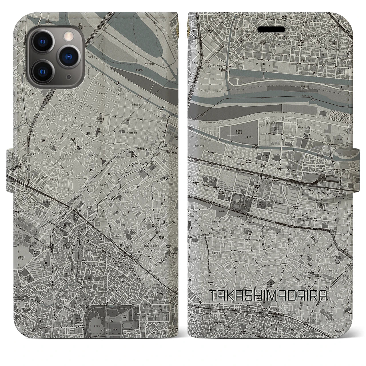 【高島平(東京都)】地図柄iPhoneケース(手帳タイプ)モノトーン・iPhone 11 Pro Max 用