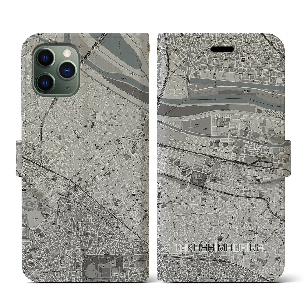 【高島平(東京都)】地図柄iPhoneケース(手帳タイプ)モノトーン・iPhone 11 Pro 用