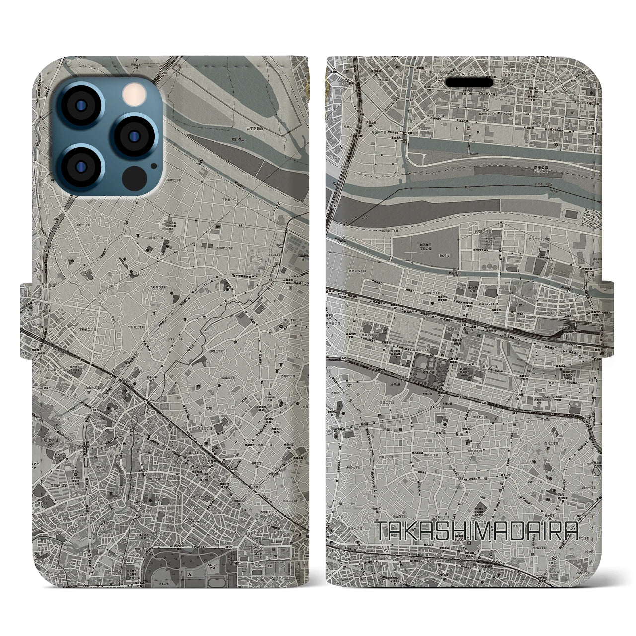 【高島平(東京都)】地図柄iPhoneケース(手帳タイプ)モノトーン・iPhone 12 / 12 Pro 用