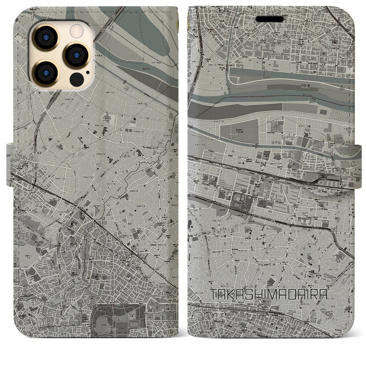 【高島平(東京都)】地図柄iPhoneケース(手帳タイプ)モノトーン・iPhone 12 Pro Max 用
