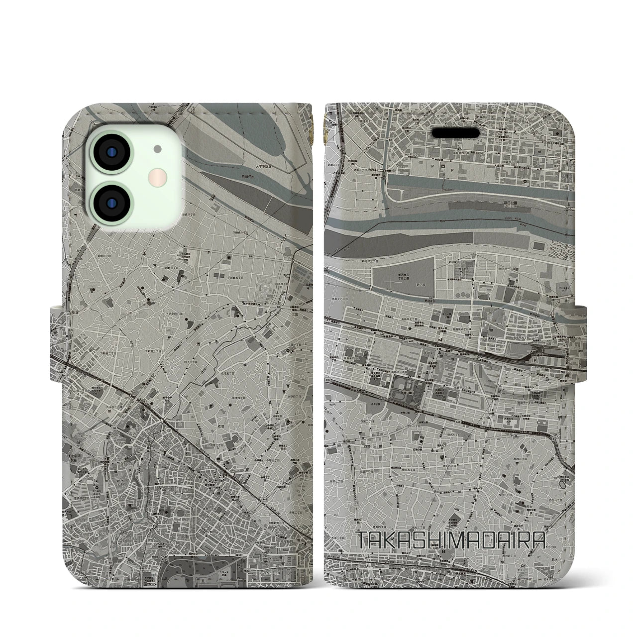 【高島平(東京都)】地図柄iPhoneケース(手帳タイプ)モノトーン・iPhone 12 mini 用