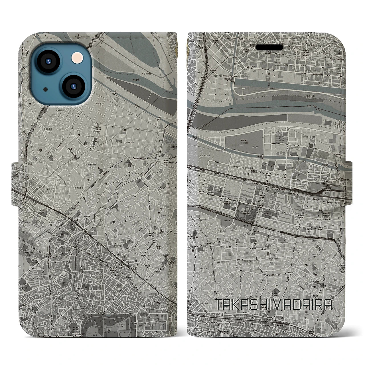 【高島平(東京都)】地図柄iPhoneケース(手帳タイプ)モノトーン・iPhone 13 用