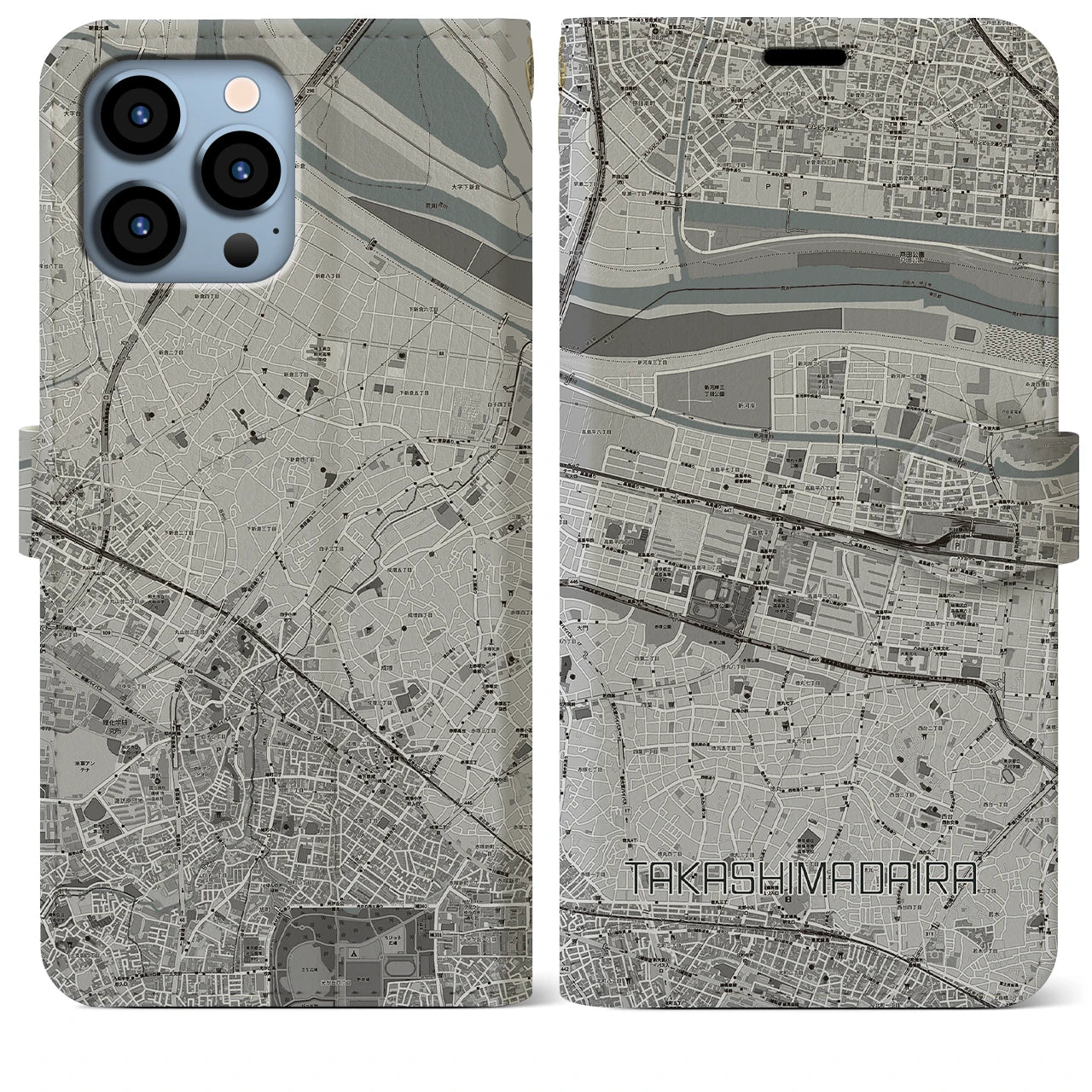 【高島平(東京都)】地図柄iPhoneケース(手帳タイプ)モノトーン・iPhone 13 Pro Max 用