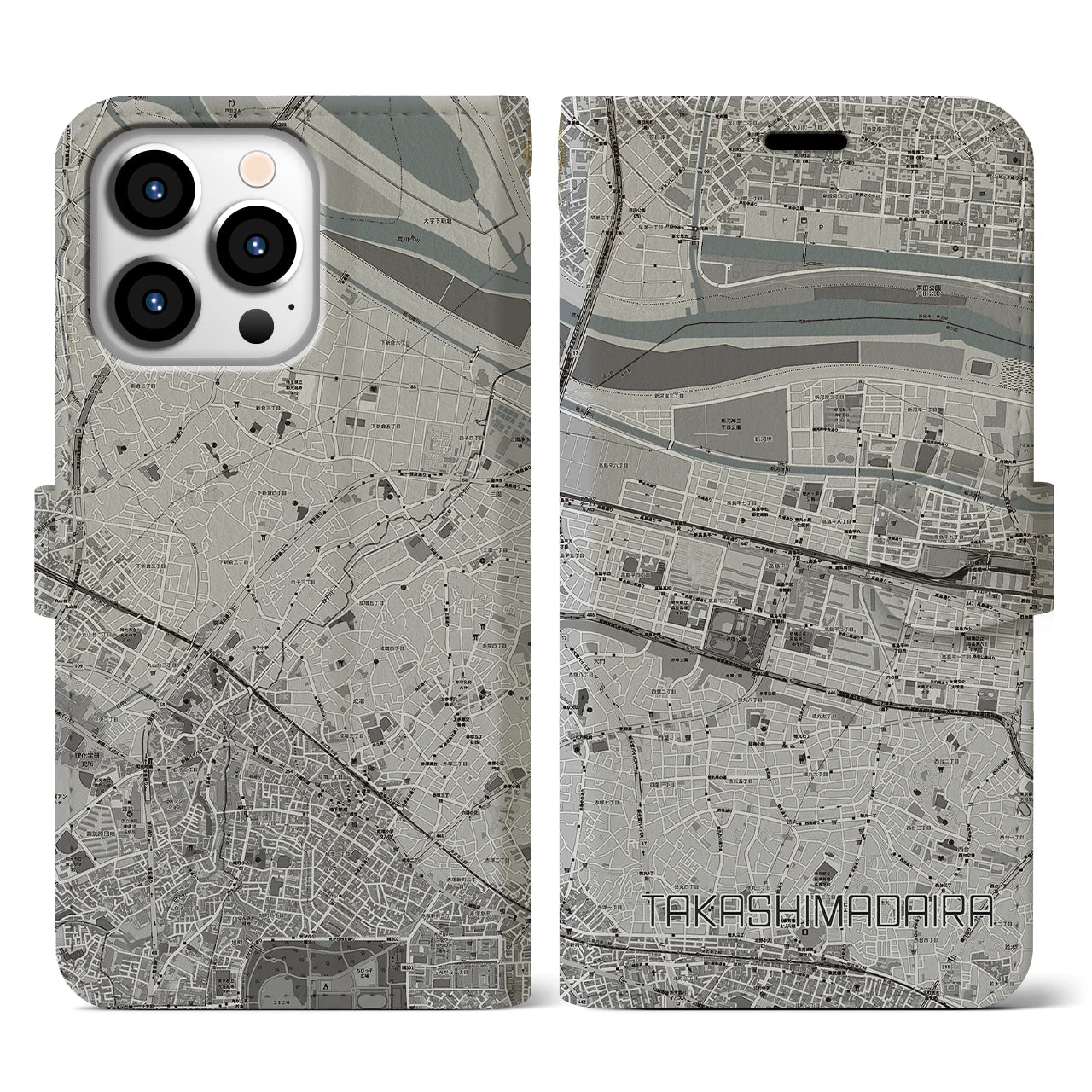 【高島平(東京都)】地図柄iPhoneケース(手帳タイプ)モノトーン・iPhone 13 Pro 用