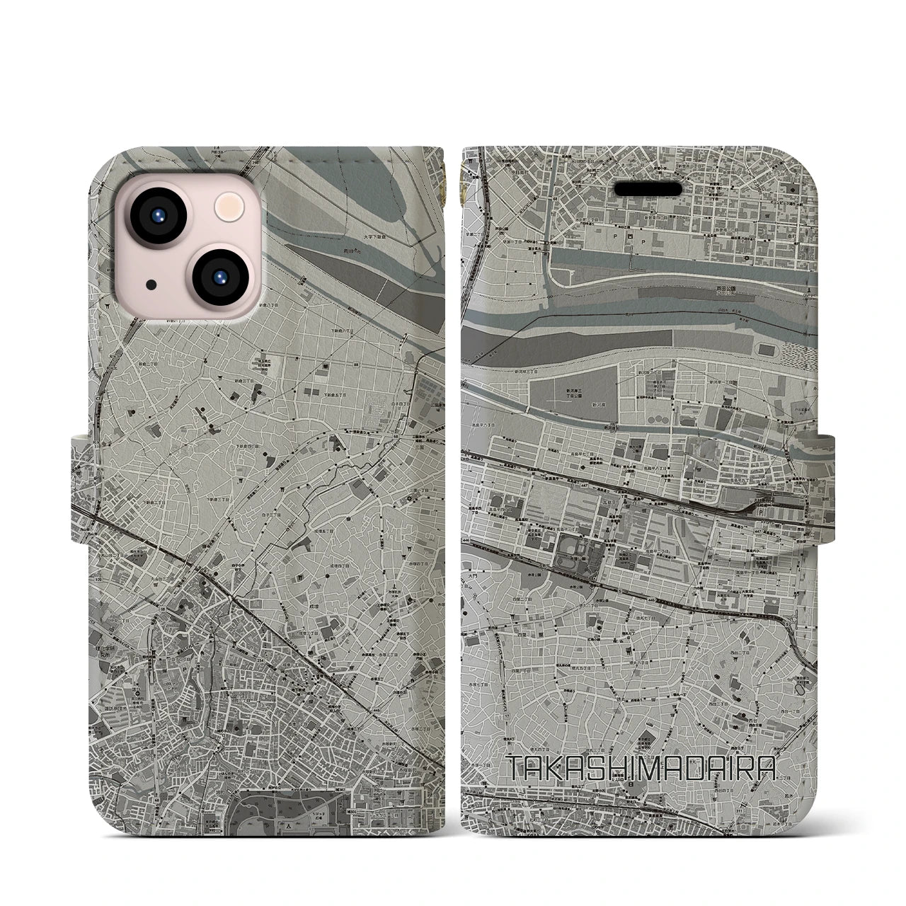 【高島平(東京都)】地図柄iPhoneケース(手帳タイプ)モノトーン・iPhone 13 mini 用