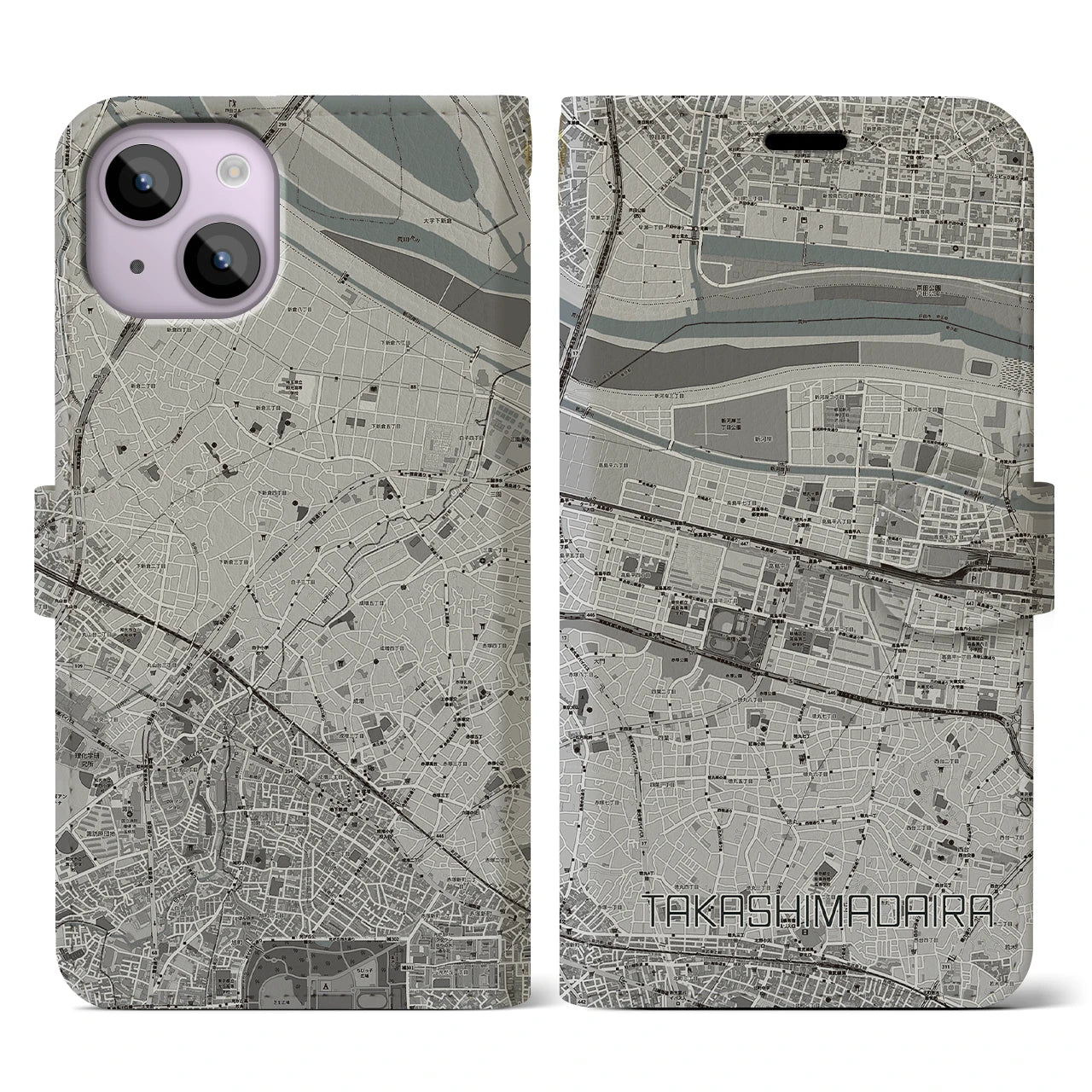 【高島平(東京都)】地図柄iPhoneケース(手帳タイプ)モノトーン・iPhone 14 用